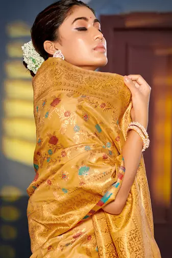 yellow color woven work banarasi art silk blend saree