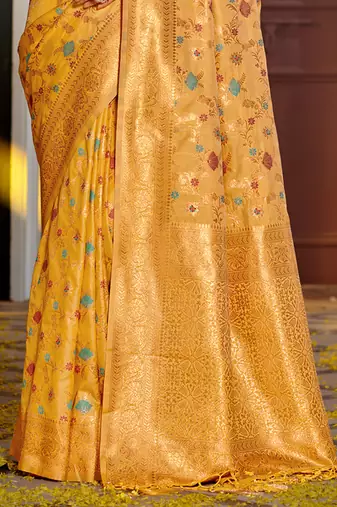 yellow color woven work banarasi art silk blend saree