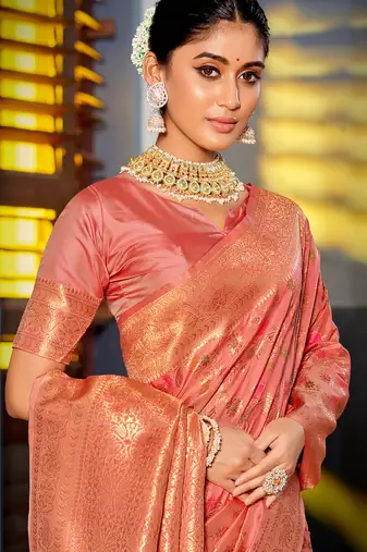peach color woven work banarasi art silk blend saree