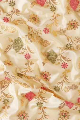 cream color woven work banarasi art silk blend saree