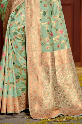 sea green color woven work banarasi art silk blend saree