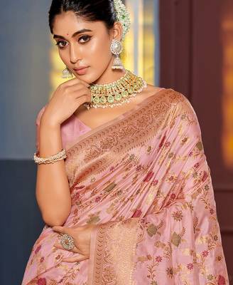pink color woven work banarasi art silk blend saree 3