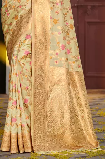 light green color woven work banarasi art silk blend saree