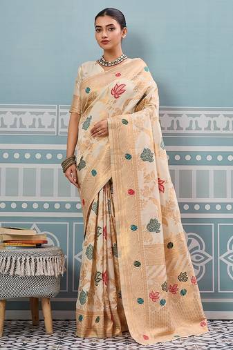 cream color woven work art silk saree