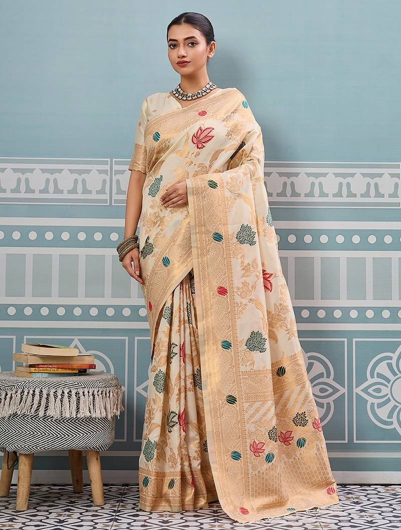 cream color woven work art silk saree