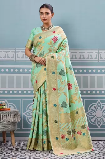 pista color woven work art silk saree
