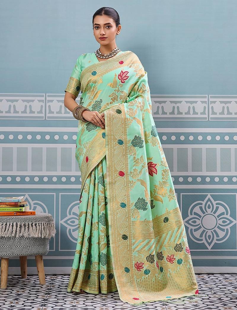 pista color woven work art silk saree