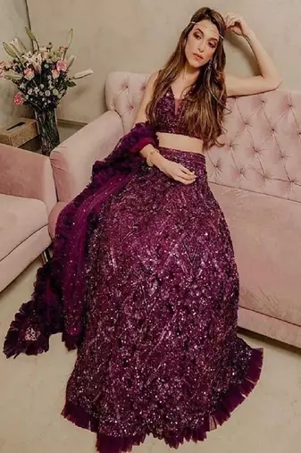 Wine Velvet Sequin Lehenga set with Choli and dupatta