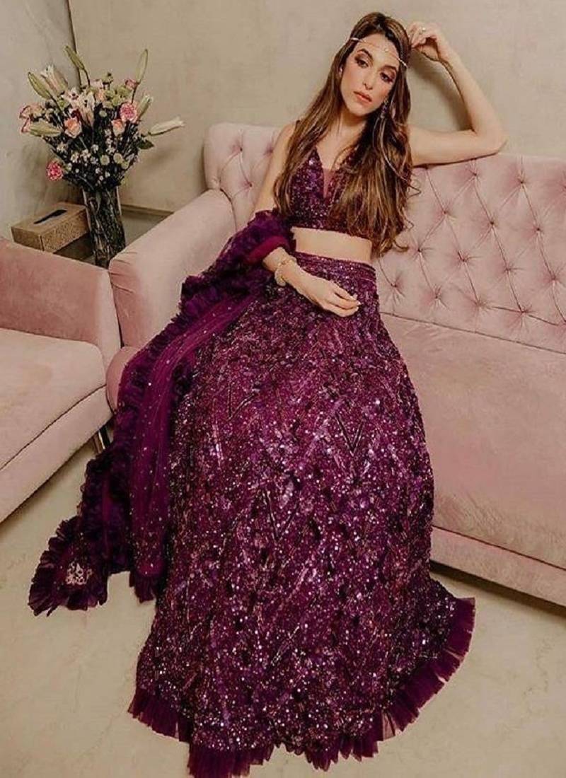 Wine Velvet Sequin Lehenga set with Choli and dupatta