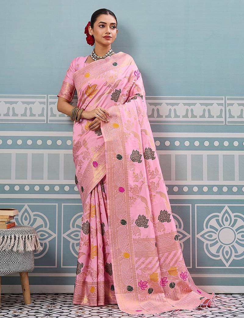 light pink color woven work art silk saree