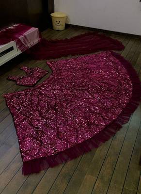 Wine Velvet Sequin Lehenga set with Choli and dupatta 2