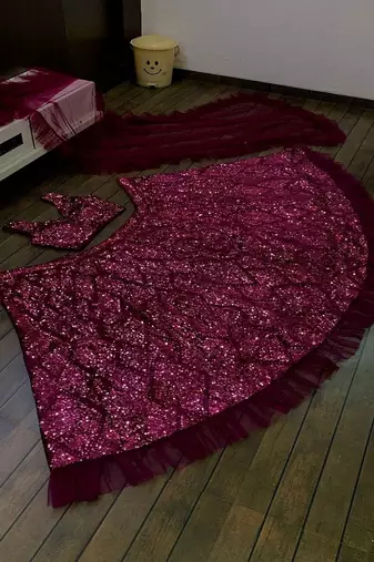 Wine Velvet Sequin Lehenga set with Choli and dupatta