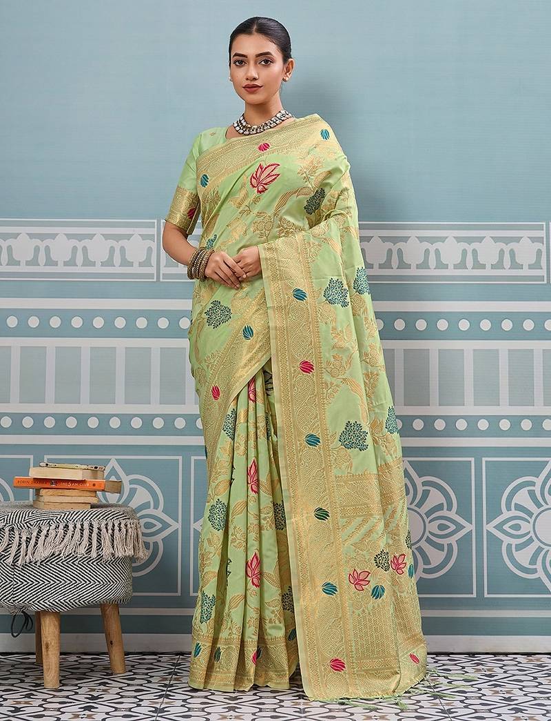 sea green color woven work art silk saree