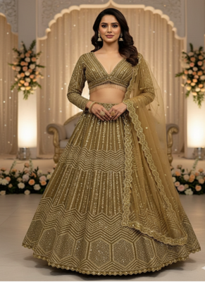 beige Georgette sequin Lehenga set with Choli and dupatta 1