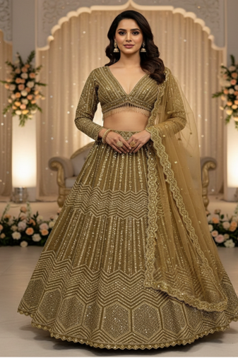 beige Georgette sequin Lehenga set with Choli and dupatta