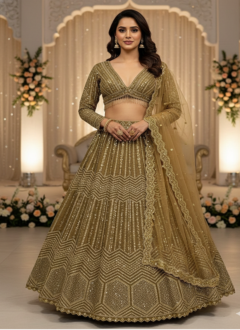 beige Georgette sequin Lehenga set with Choli and dupatta