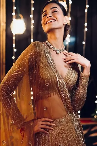 beige Georgette sequin Lehenga set with Choli and dupatta