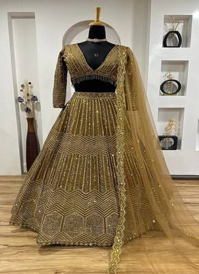 beige Georgette sequin Lehenga set with Choli and dupatta 3