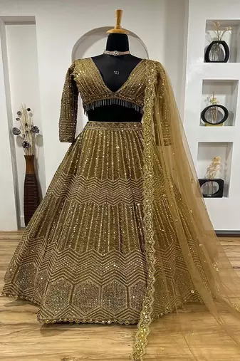 beige Georgette sequin Lehenga set with Choli and dupatta
