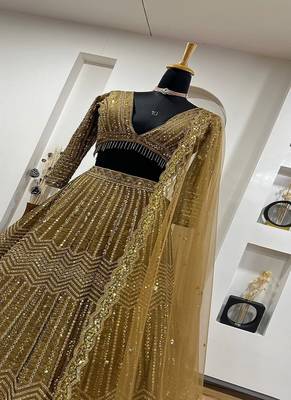 beige Georgette sequin Lehenga set with Choli and dupatta 4