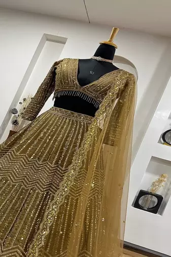 beige Georgette sequin Lehenga set with Choli and dupatta