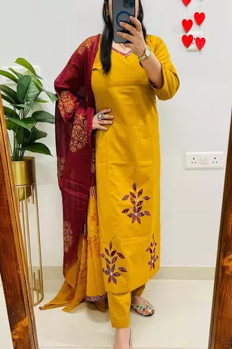 yellow embroidered cotton kurta pant with dupatta