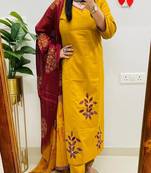 yellow embroidered cotton kurta pant with dupatta