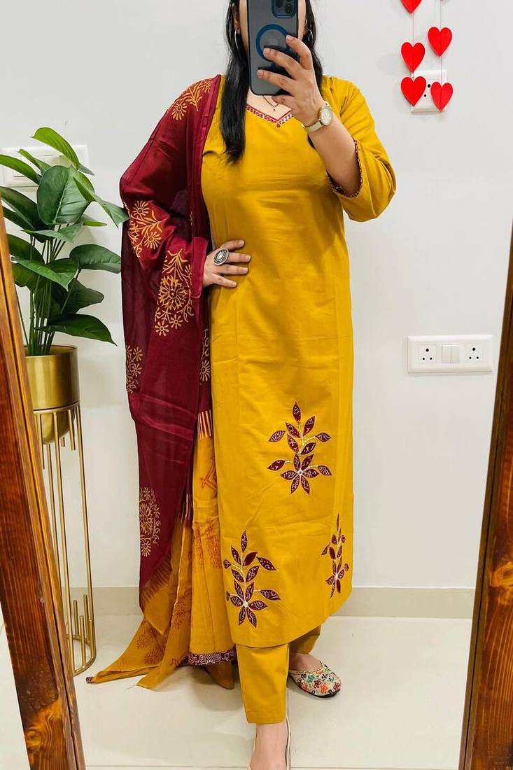 yellow embroidered cotton kurta pant with dupatta