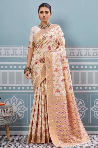 cream color woven work art silk saree