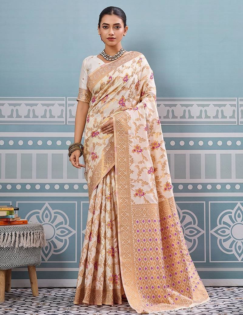 cream color woven work art silk saree