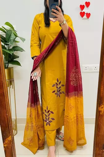 yellow embroidered cotton kurta pant with dupatta