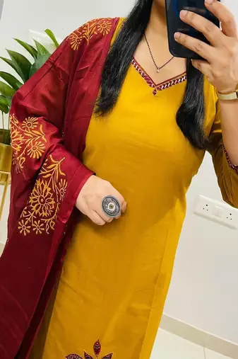yellow embroidered cotton kurta pant with dupatta