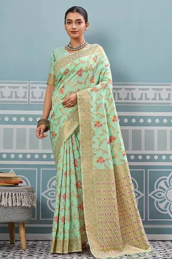 pista color woven work art silk saree