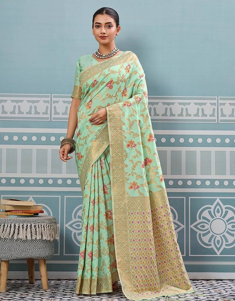 pista color woven work art silk saree