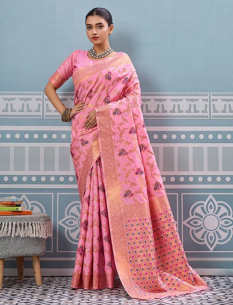light pink color woven work art silk saree