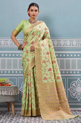 sea green color woven work art silk saree