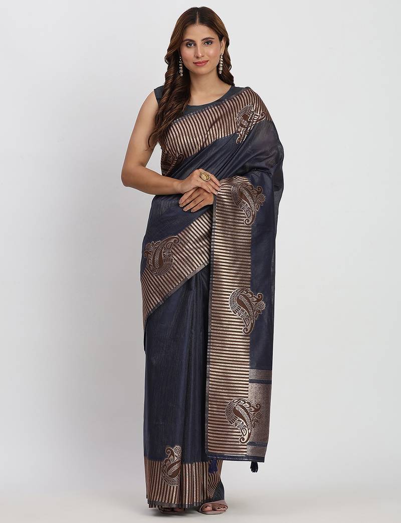 navy blue color zari woven banarasi art silk saree