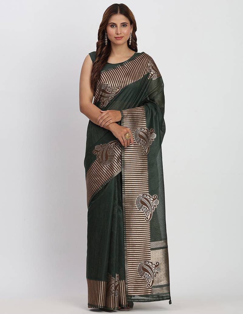 dark green color zari woven banarasi art silk saree