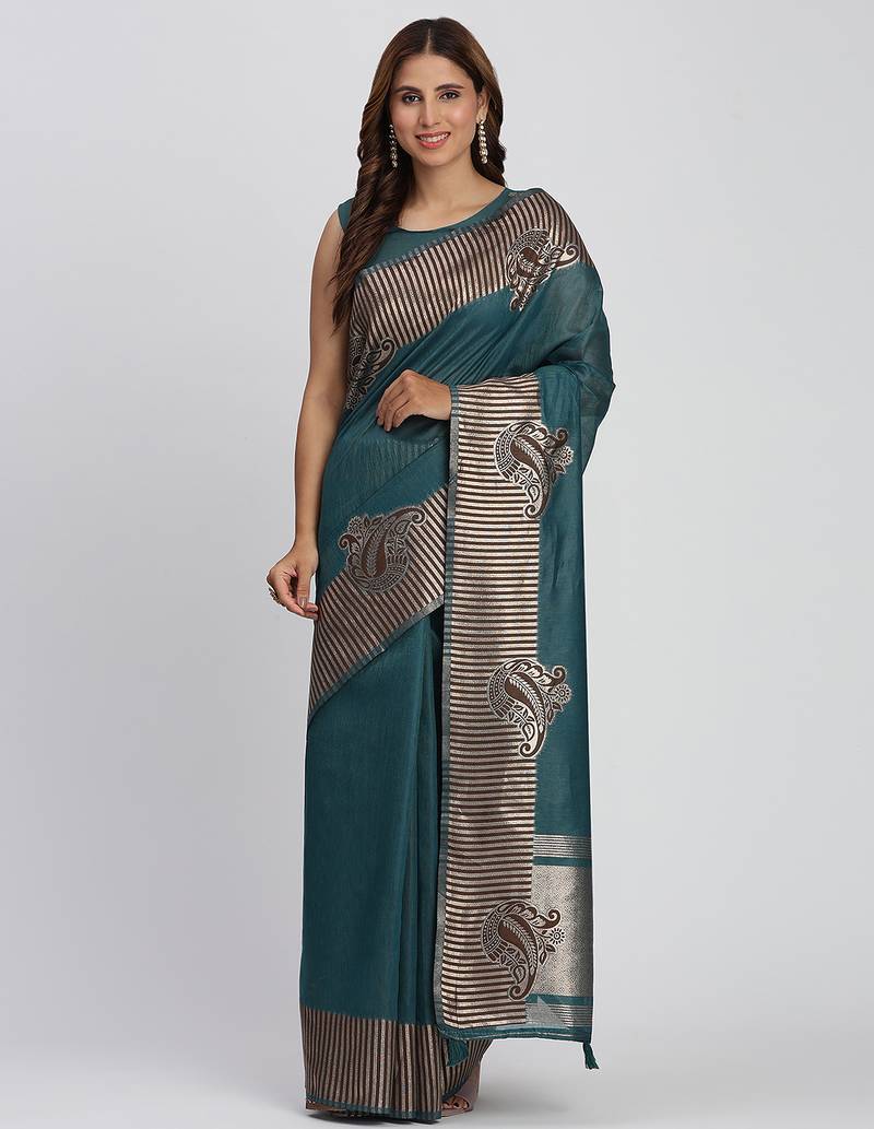 sea green color zari woven banarasi art silk saree