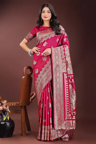 magenta color woven art silk saree with blouse
