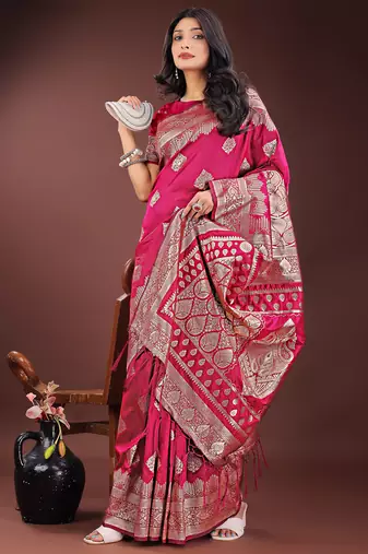 magenta woven art silk blend saree with blouse