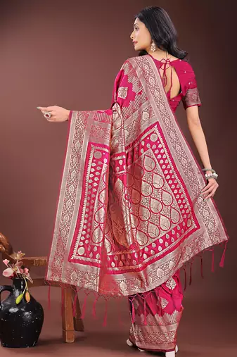 magenta woven art silk blend saree with blouse