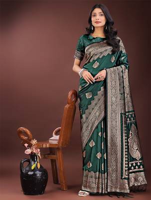 green color woven art silk blend saree with blouse 1