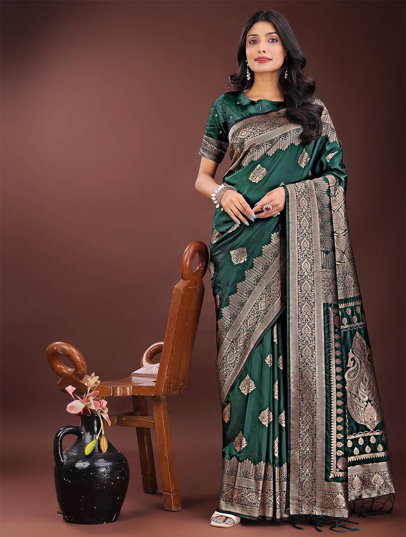 green color woven art silk saree with blouse