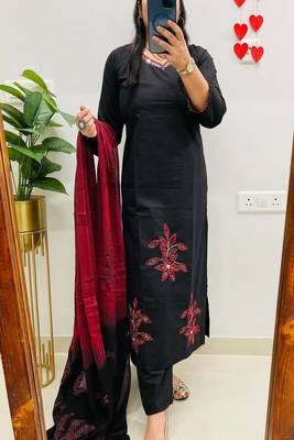 black embroidered cotton kurta pant with dupatta 1