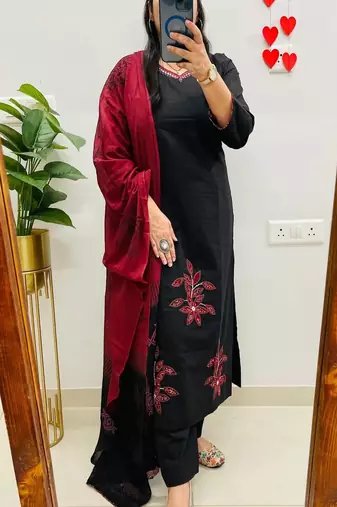 black embroidered cotton kurta pant with dupatta
