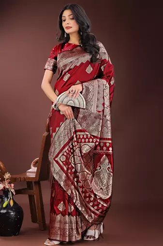 maroon color woven art silk saree with blouse