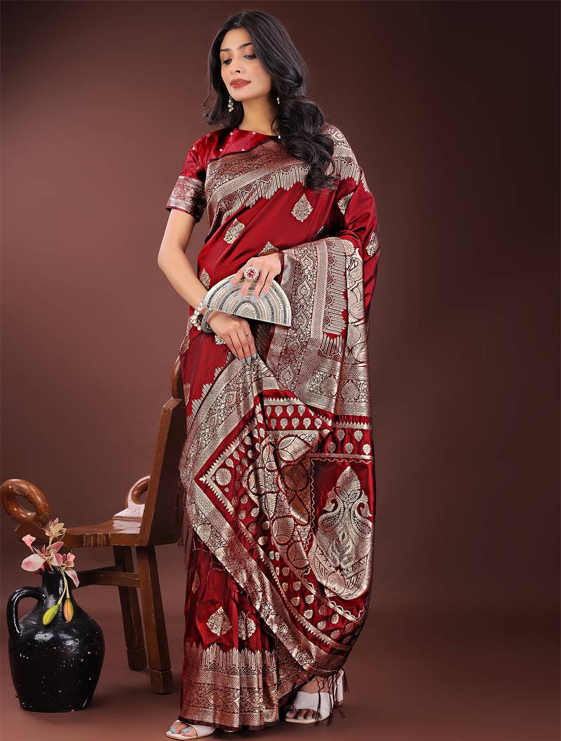 maroon color woven art silk saree with blouse