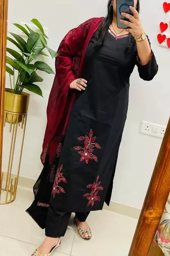 black embroidered cotton kurta pant with dupatta