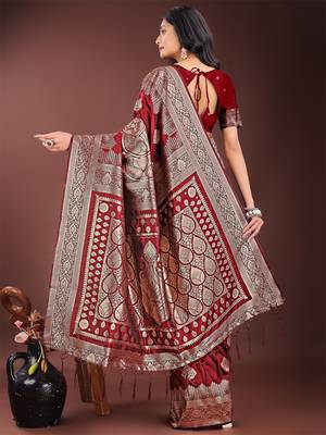 maroon color woven art silk blend saree with blouse 2